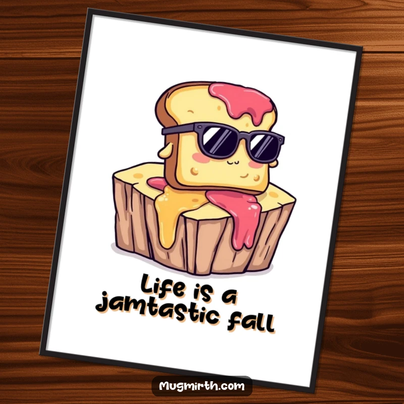 Funny free printable wall art depicts a bewildered toast wearing sunglasses, falling dramatically off a cliff made of jam.