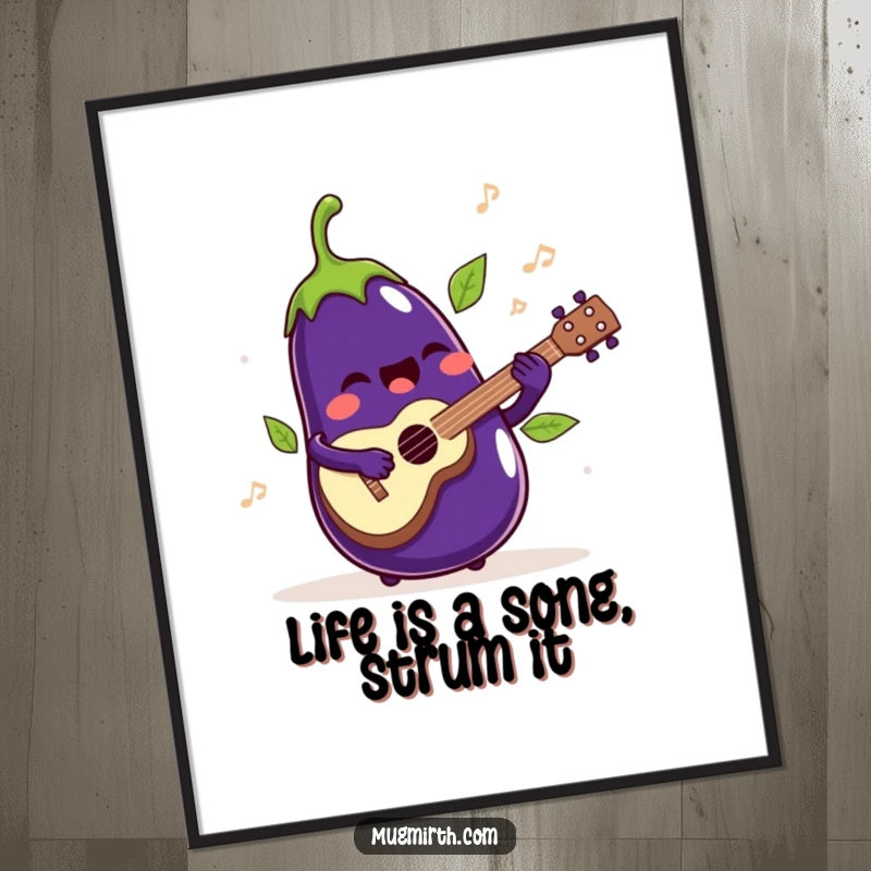 Funny Free Printable Wall Art: Singing eggplant playing ukulele, leaves jiggling rhythmically, musical.