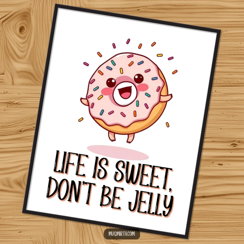 Funny Free Printable Wall Art: A cheerful donut with sprinkles performs an energetic cartwheel, a vibrant and humorous piece of downloadable art.