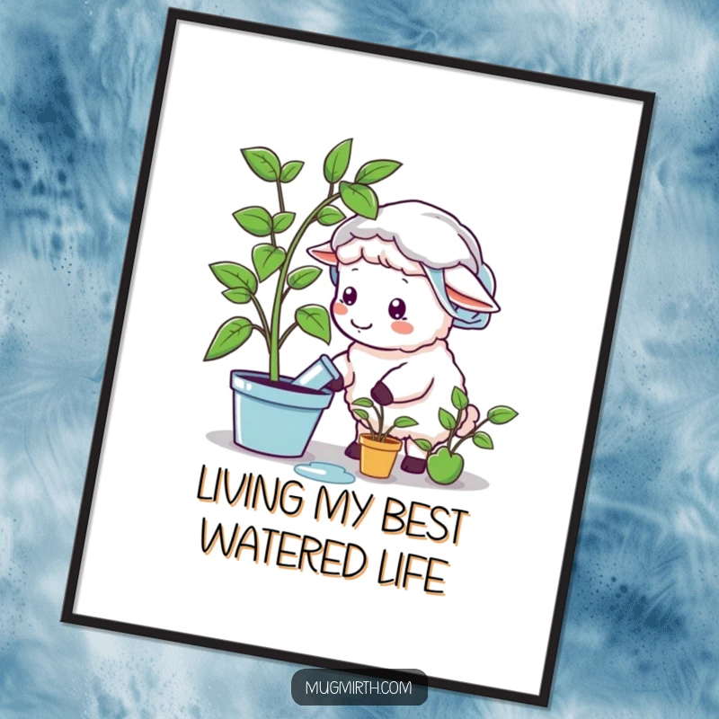 Funny free printable wall art: Sheep wearing shower cap waters a plastic plant, quirky downloadable decor.