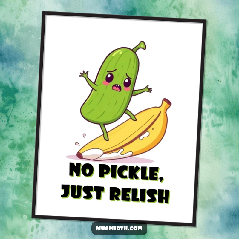 Funny free printable wall art showing a startled pickle comically surfing on a wildly runaway banana peel.