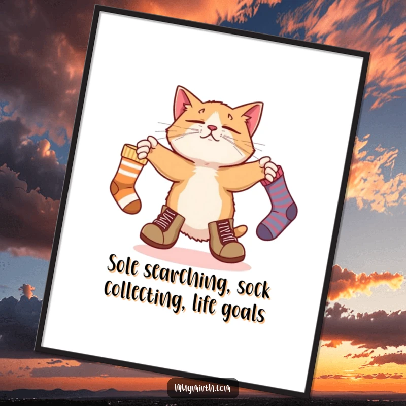 Funny Free Printable Wall Art: A bewildered cat wearing oversized boots attempts to juggle three mismatched socks, creating chaotic decor.