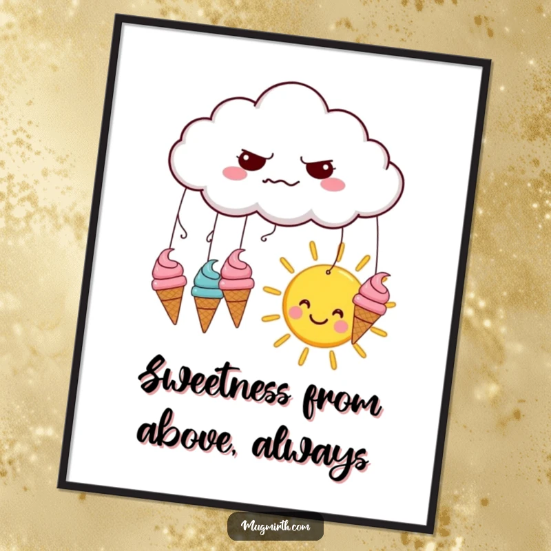 Funny Free Printable Wall Art: A grumpy cloud rains ice cream cones onto a happy sun, adding sweet, quirky decor.