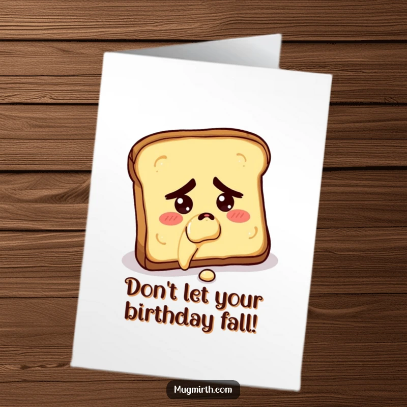 Funny Free Printable Birthday Card: A slice of toast with a concerned face falling butter-side down, wishing a humorous happy birthday.