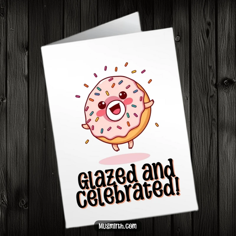 Funny Free Printable Birthday Card: A sprinkle-covered donut joyfully performs a cartwheel, sending glaze soaring for a hilarious DIY celebration.