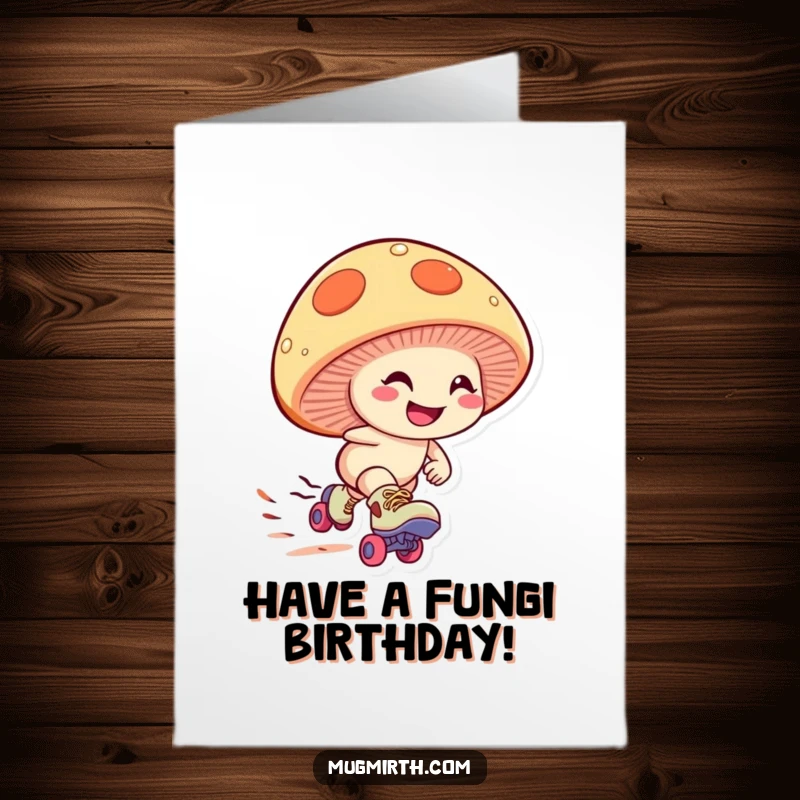 Funny Free Printable Birthday Card: Giggling mushroom wearing roller skates, zooming downhill with a determined grin, celebrating speed and joy.