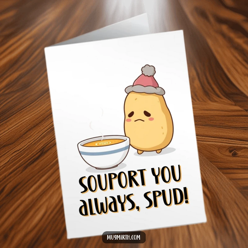 Funny Free Printable Birthday Card: A sad potato in a hat longs for a warm bowl of soup.