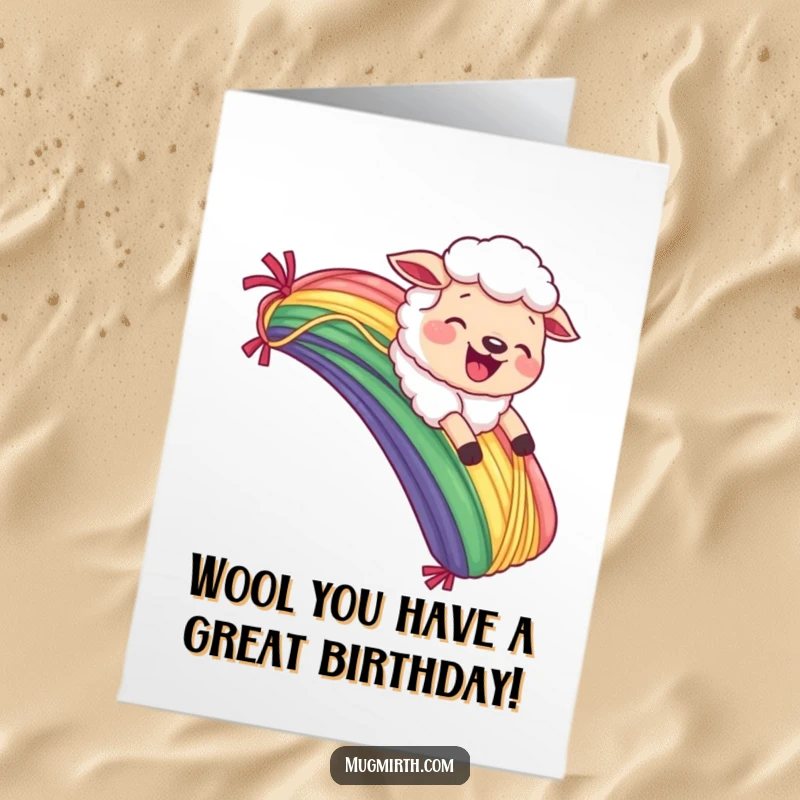 Funny Free Printable Birthday Card: A sheep slides gleefully down a yarn rainbow with a funny expression.