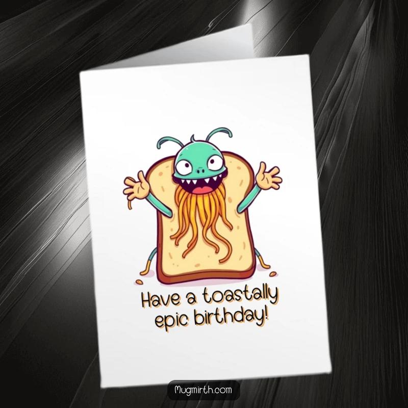 Funny free printable birthday card featuring a slice of toast attempting a high-five with a Flying Spaghetti Monster.