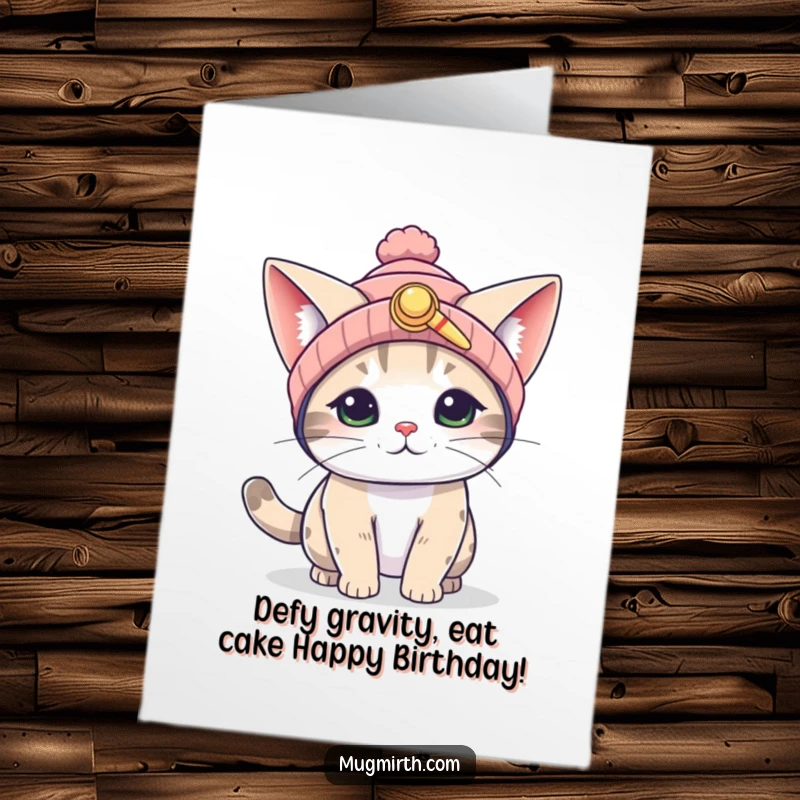 Funny free printable birthday card: A cat in a propeller beanie with giant ears flaps wildly, trying to fly, ready for a laugh.