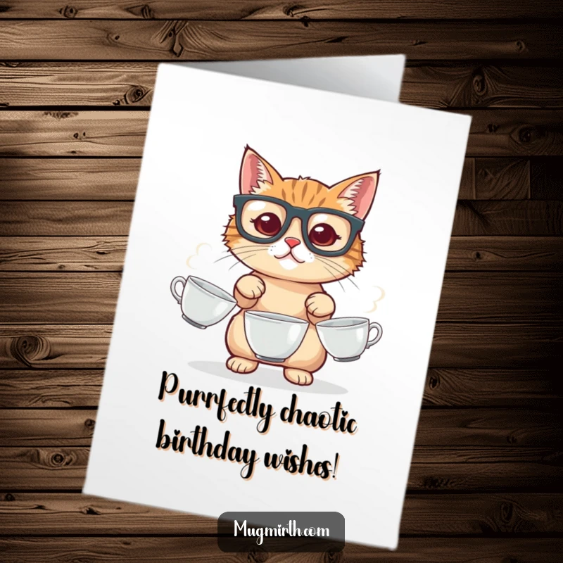 Funny Free Printable Birthday Card: Cat with big glasses attempts to juggle teacups, looking adorably precarious.