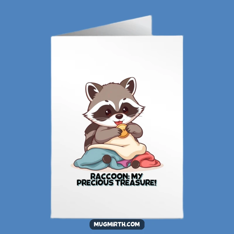 Funny Free Printable Birthday Card: Mischievous Raccoon Button Thief Downloadable Gift