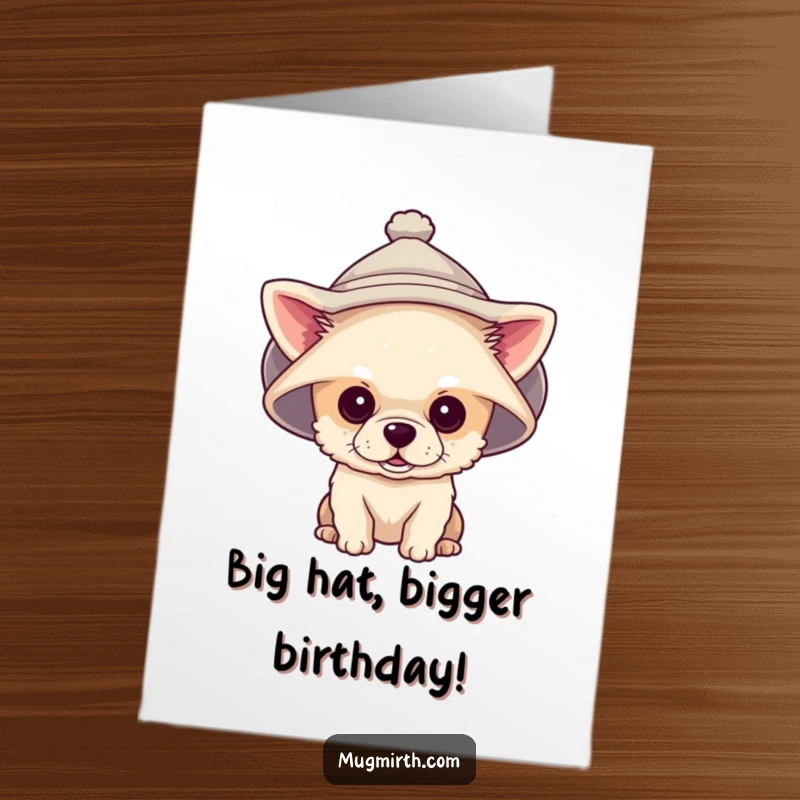 Funny free printable birthday card featuring a tiny dog completely hidden under a comically oversized hat.