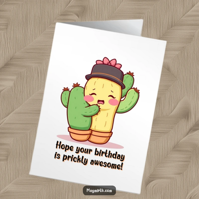 Funny free printable birthday card showing a shy cactus attempting a hug and recoiling in surprise from another cactus.