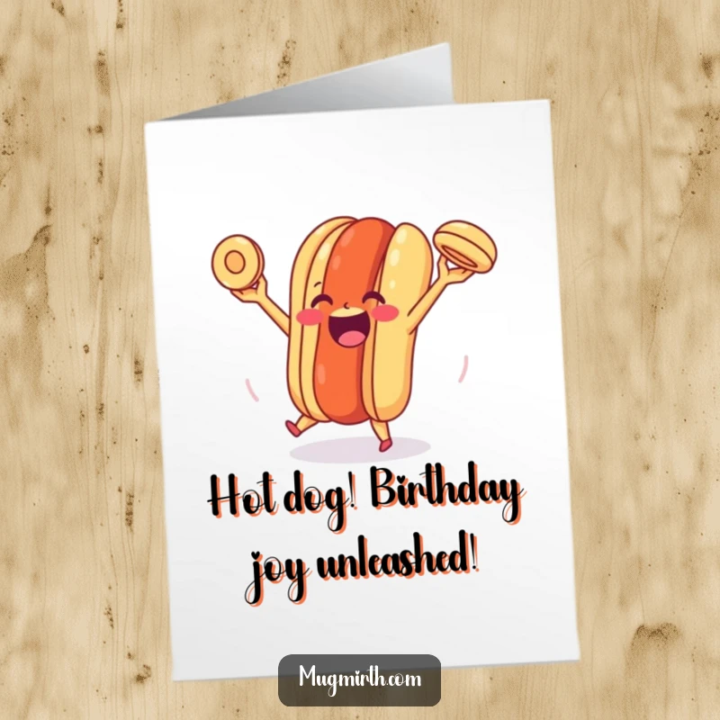Funny free printable birthday card: A happy hot dog with a big smile juggles its own bun with energetic glee.