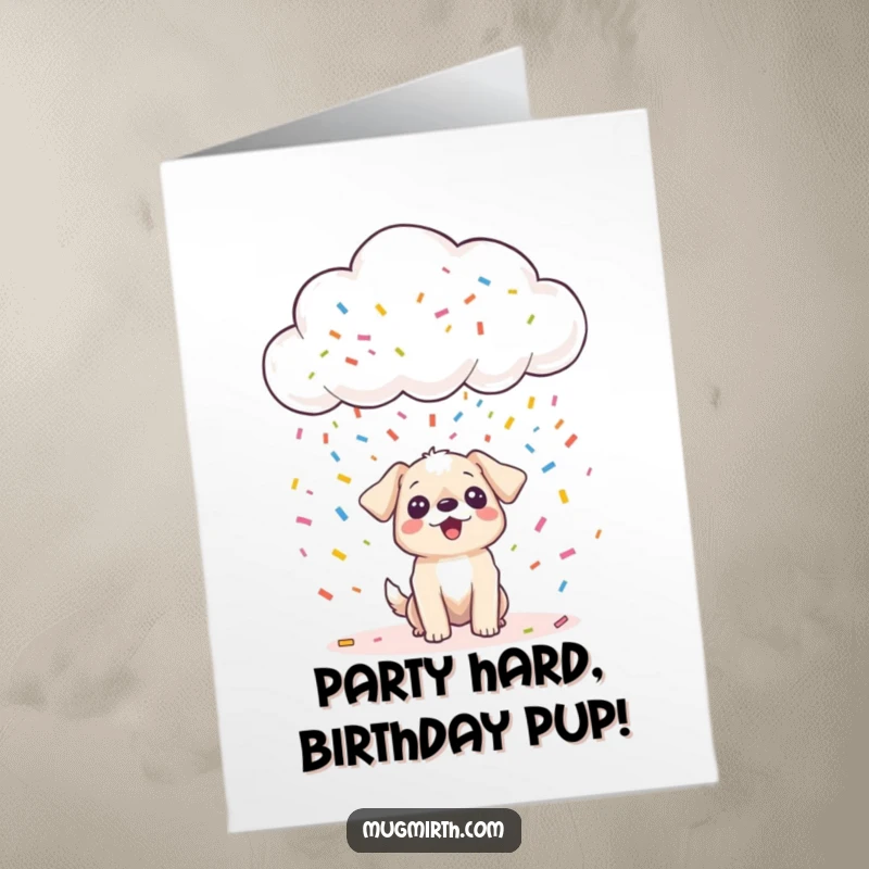 Funny free printable birthday card: Happy cloud rains confetti on tiny surprised dog, a festive DIY gift.