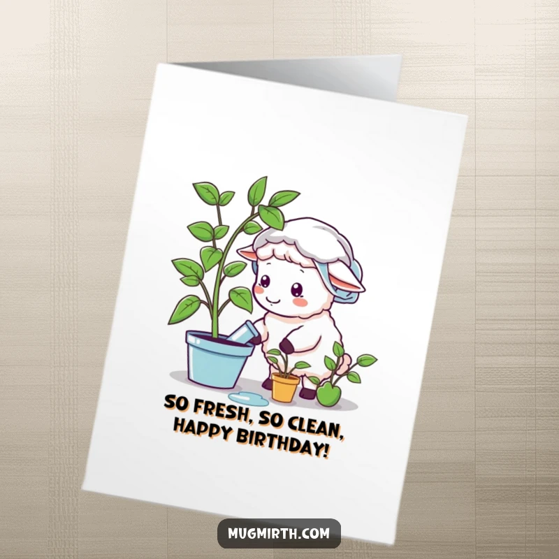 Funny free printable birthday card: Sheep in shower cap tries watering plastic plant, a quirky DIY gift.