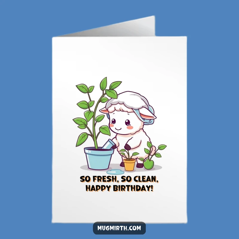 Free Printable Funny Sheep Birthday Card: Shower Cap Sheep Watering Plastic Plant Downloadable Gift