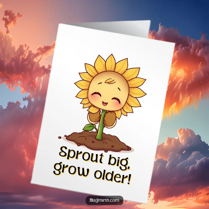 Funny Free Printable Birthday Card: A tiny sprout in oversized gloves struggles to plant a huge sunflower seed.