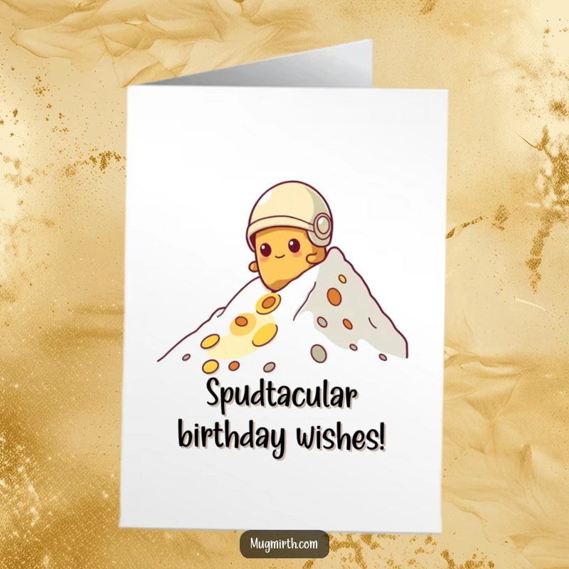 Funny Free Printable Birthday Card: Determined potato in helmet scales a huge cheese mountain, embodying birthday ambition.