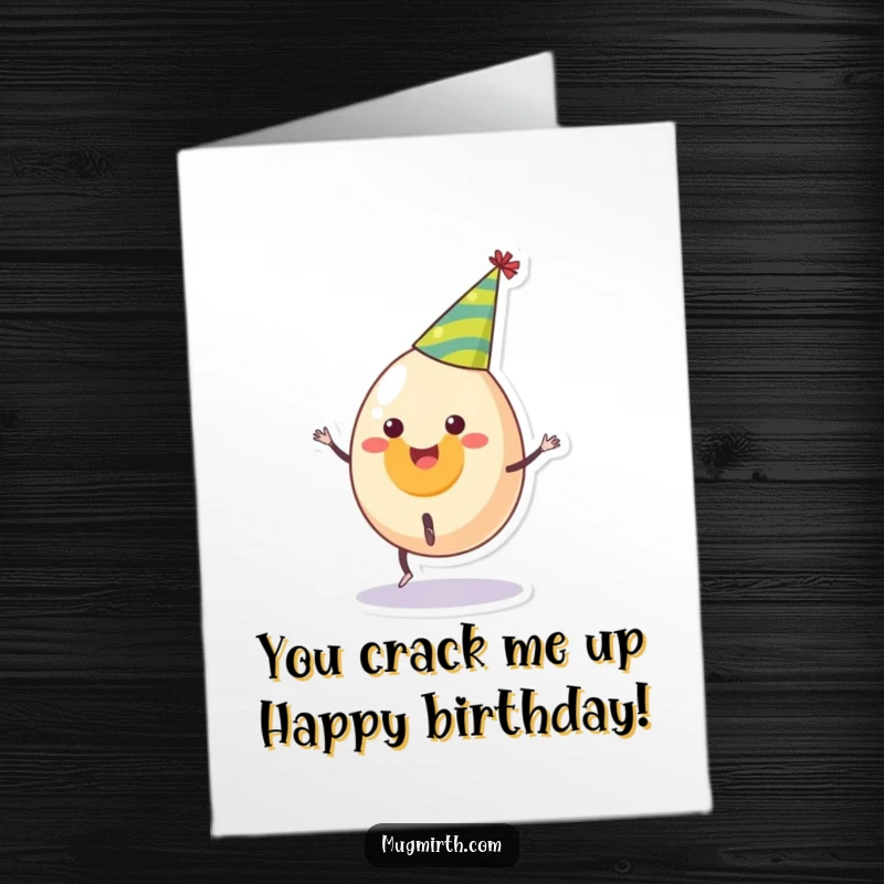 Funny Free Printable Birthday Card: Smiling egg in a party hat mid-cartwheel, looking ecstatic and energetic.