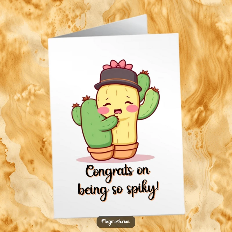 Funny free printable congratulations card depicting a bashful cactus recoiling after attempting a surprising hug with another cactus.