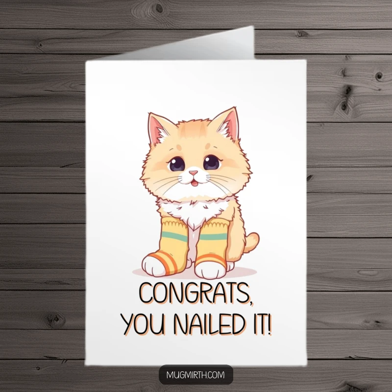 Funny Free Printable Congratulations Card: A fluffy cat comically struggles with mismatched, oversized socks, celebrating a unique win.