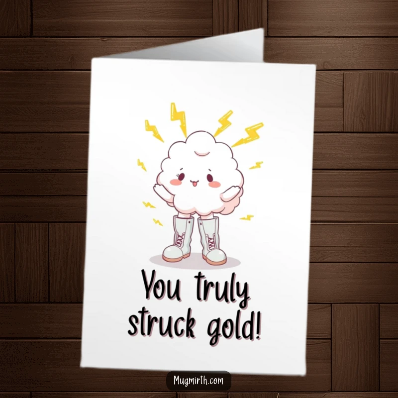 Funny free printable congratulations card: a cloud in boots juggles lightning bolts, celebrating success with electric energy.
