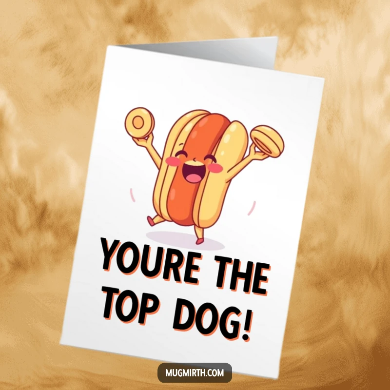 Funny free printable congrats card: A happy hot dog expertly juggles its bun, celebrating your fantastic achievement with pure joy.
