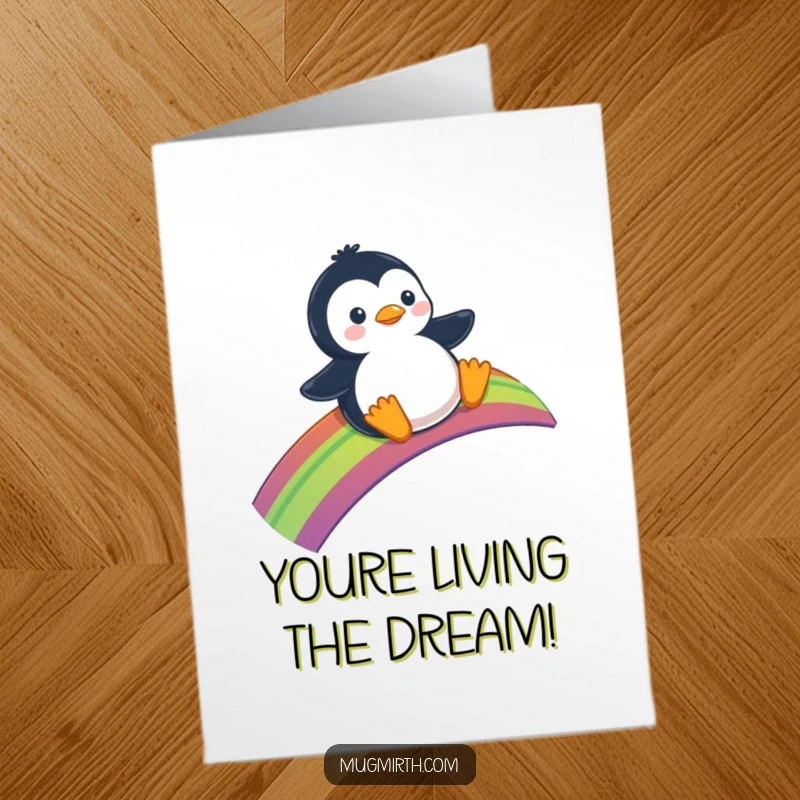 Funny Free Printable Congratulations Card: A cheerful penguin happily sliding down a rainbow on its belly.