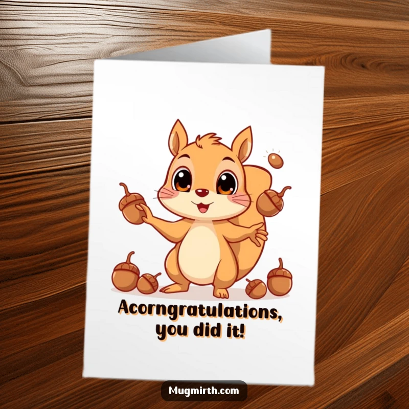 Funny free printable congratulations card showing a squirrel juggling many acorns with intense concentration.