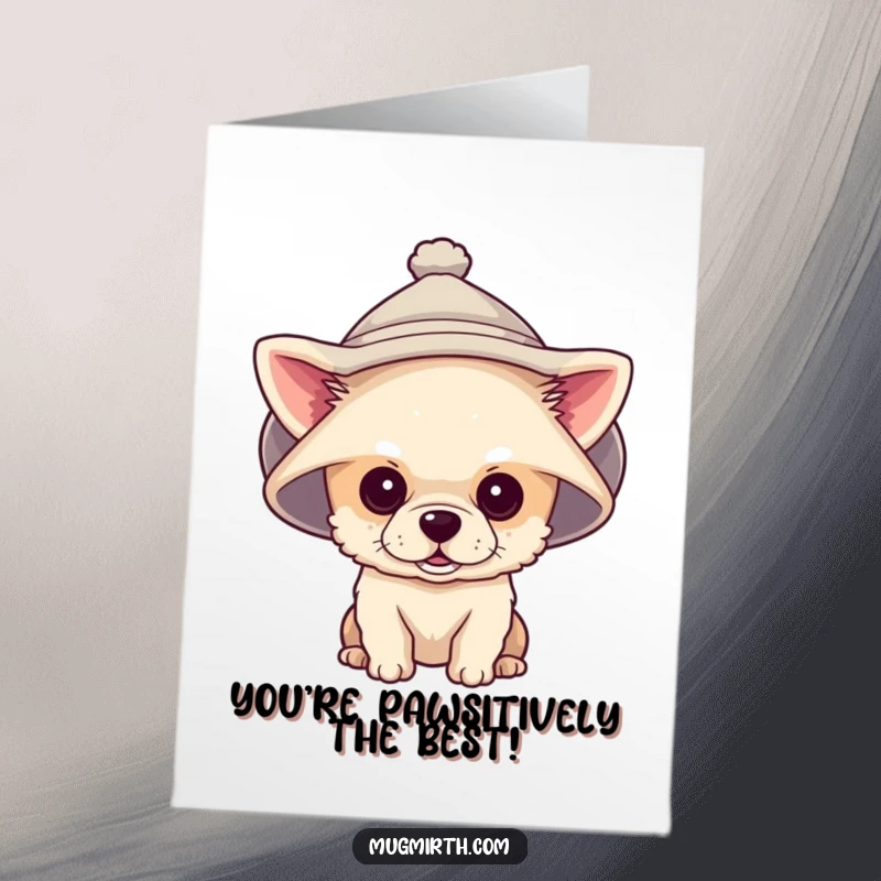 Funny free printable congratulations card showing a small dog peeking out from beneath a huge, eye-covering hat.
