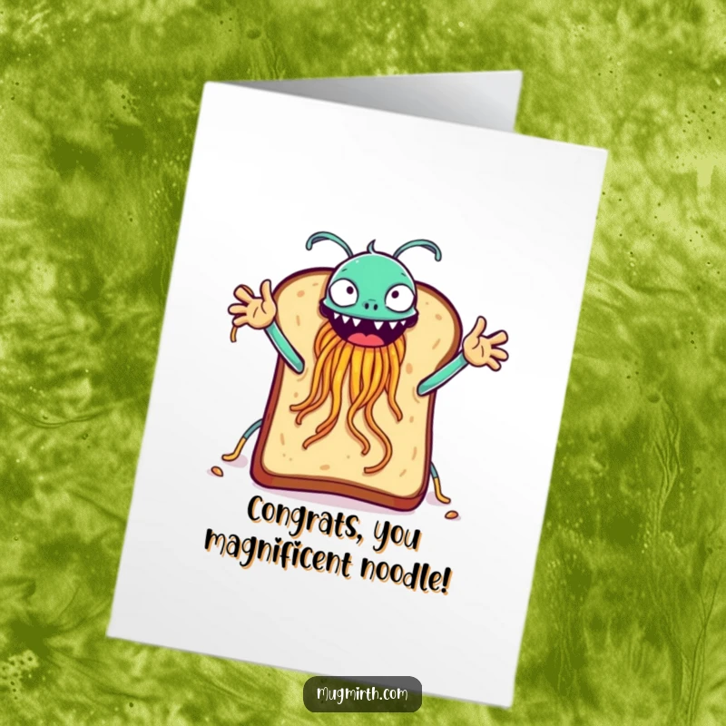 Funny free printable congratulations card of toast reaching out for a high-five from a Flying Spaghetti Monster.