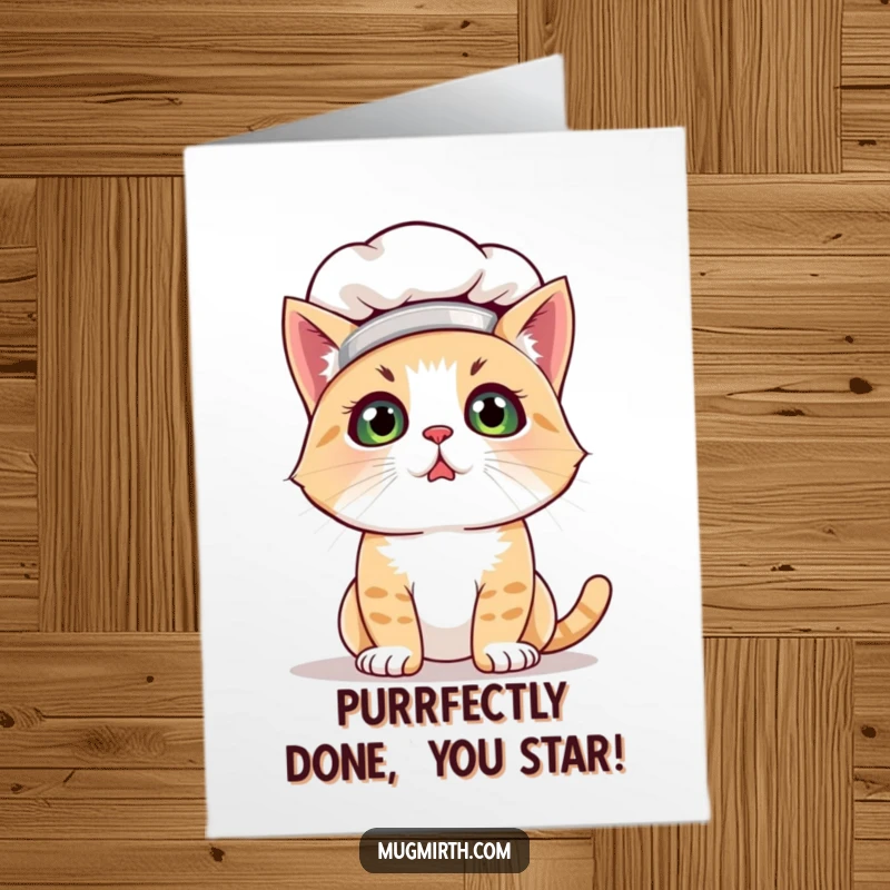 Funny free printable congratulations card: A flour-dusted cat in a chef hat looking bewildered, perfect for any occasion.