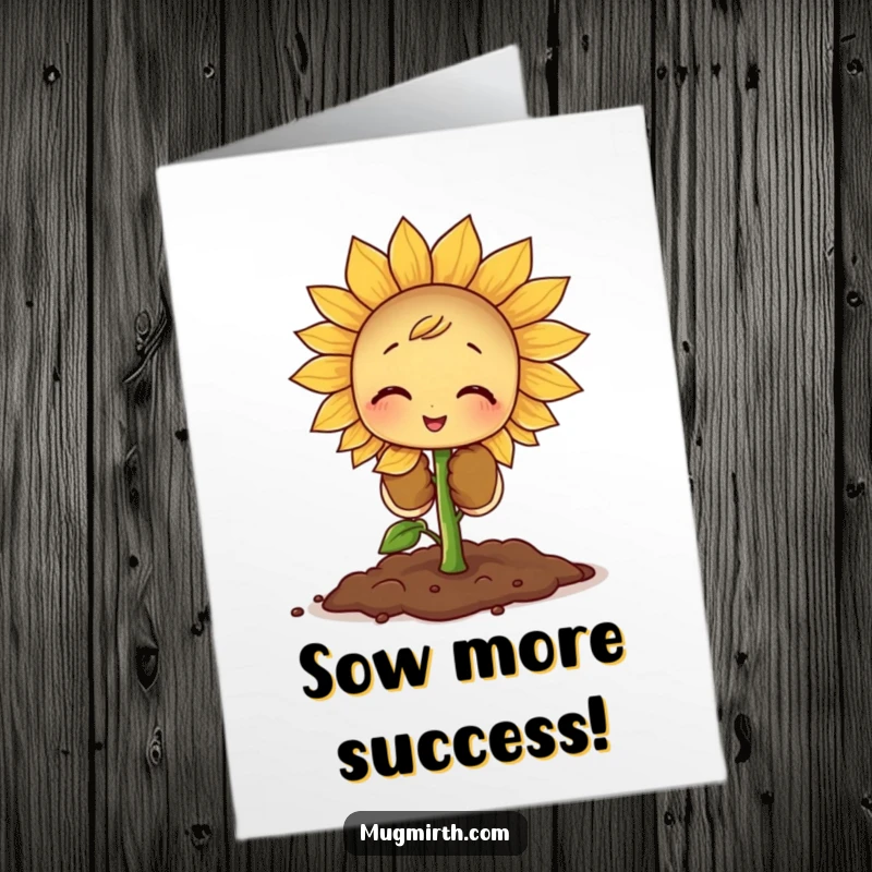 Funny Free Printable Congratulations Card: A tiny sprout in huge gloves planting a giant seed, celebrating effort.