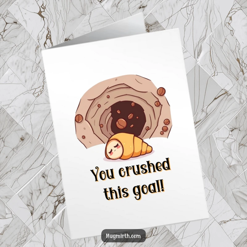 Funny free printable congratulations card: a sleepy croissant enters a wormhole, propelled by a rogue coffee bean, celebrating success.