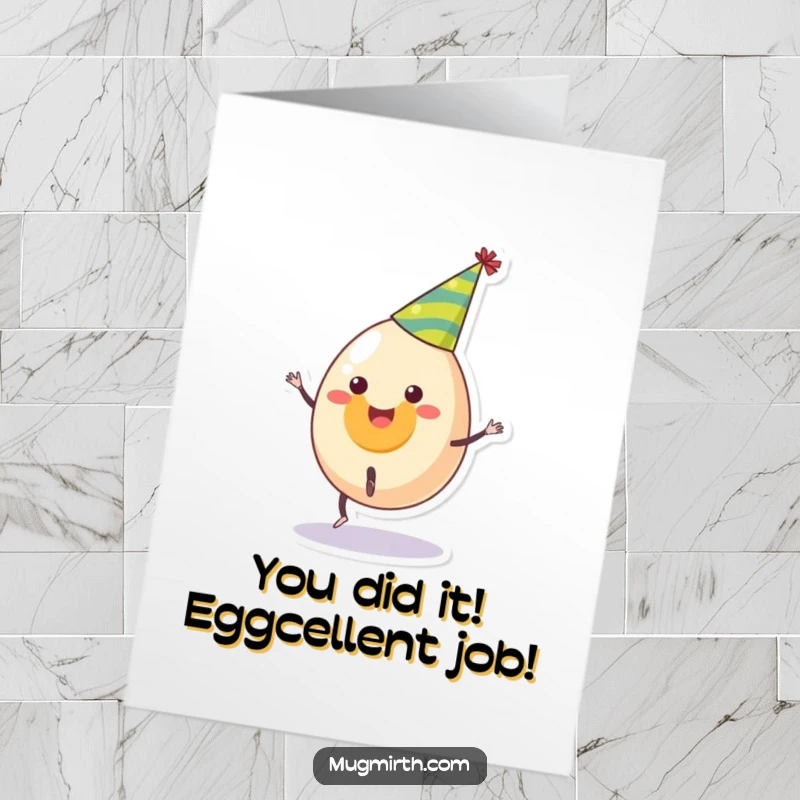 Funny Free Printable Congratulations Card: Smiling egg landing a cartwheel perfectly, party hat askew, looking triumphant.