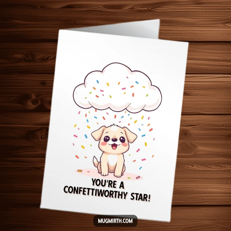 Funny free printable congratulations card: Cloud rains confetti on a tiny surprised dog, a celebratory DIY gift.