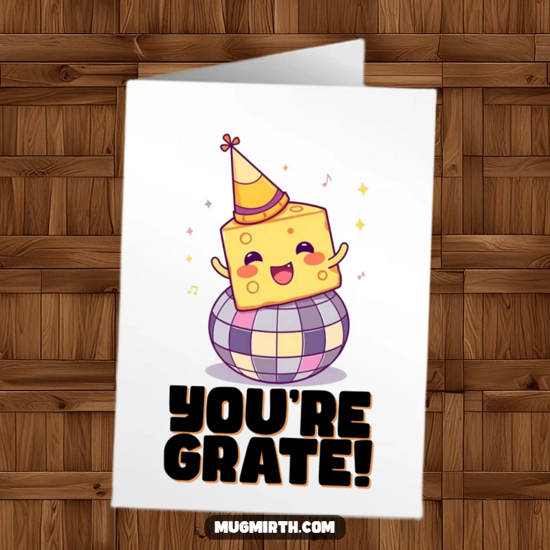 Funny Free Printable Congratulations Card showing a party hat-wearing cheese spinning on a disco ball, a celebration on wheels.