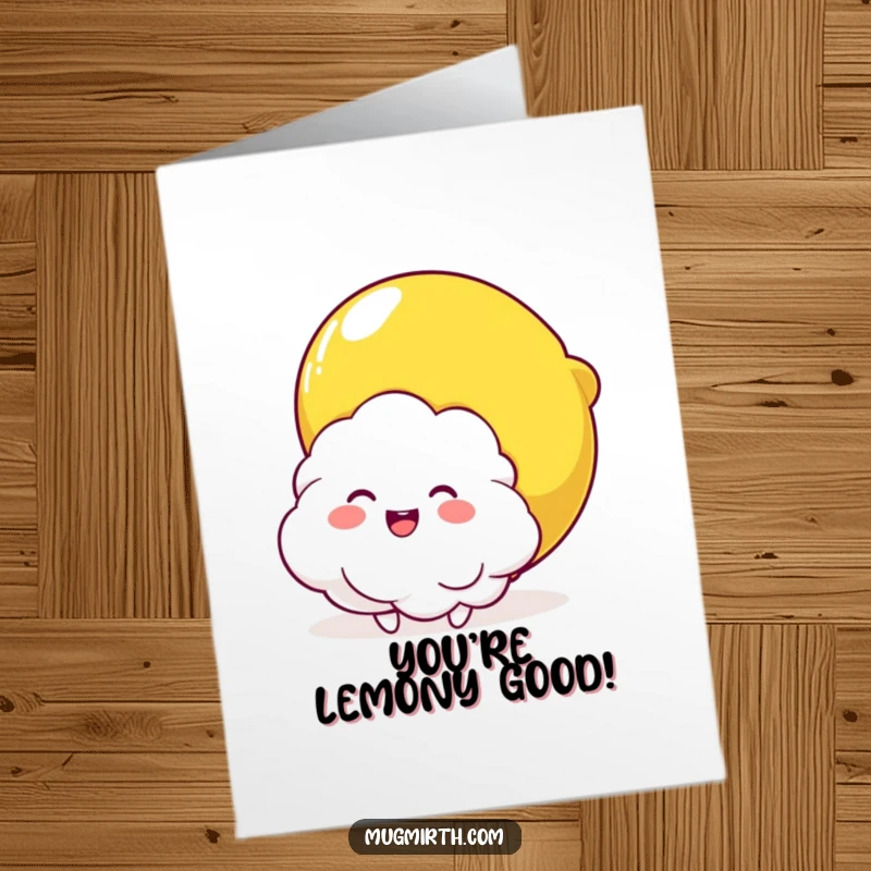 Funny Free Printable congratulations card showing a fluffy cloud character happily squeezed by a giant, smiling lemon, celebrating good times.