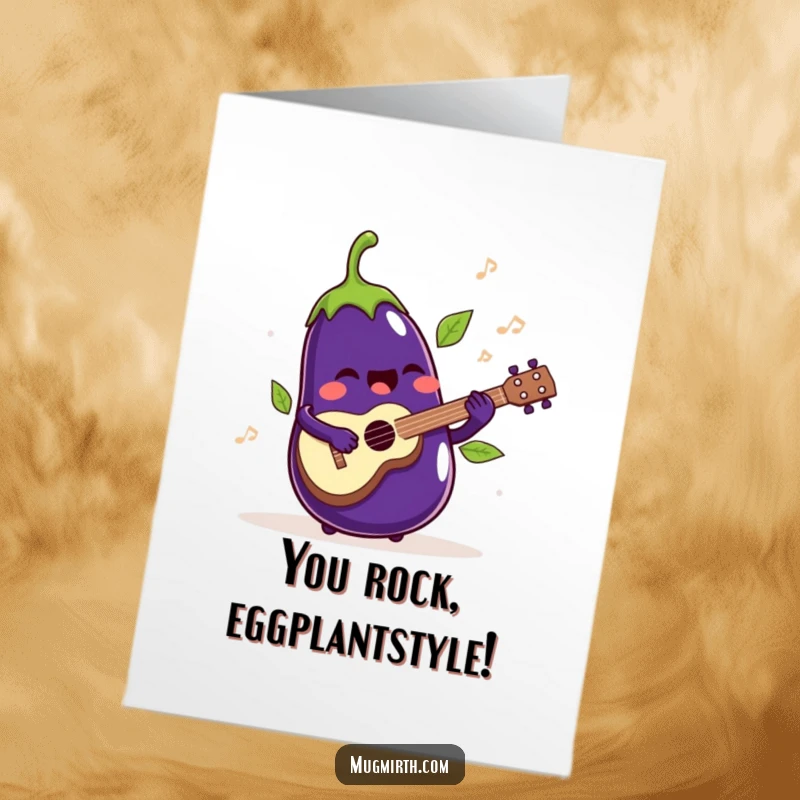 Funny Free Printable Congratulations Card: Singing eggplant playing ukulele, celebrating success musically.