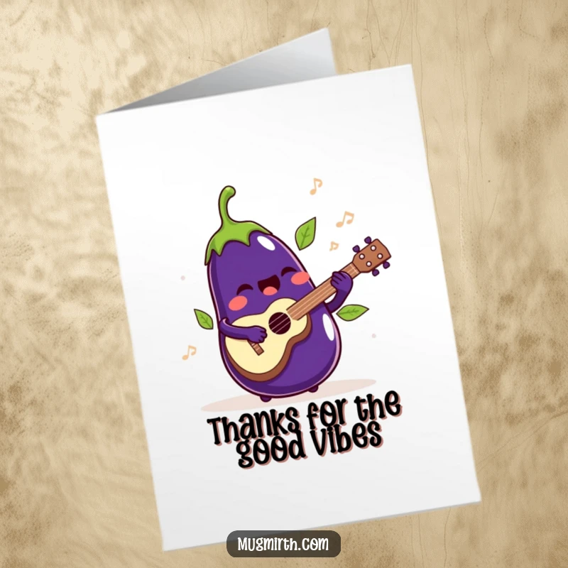 Funny Free Printable Thank You Card: Singing eggplant playing ukulele, expressing thanks musically.
