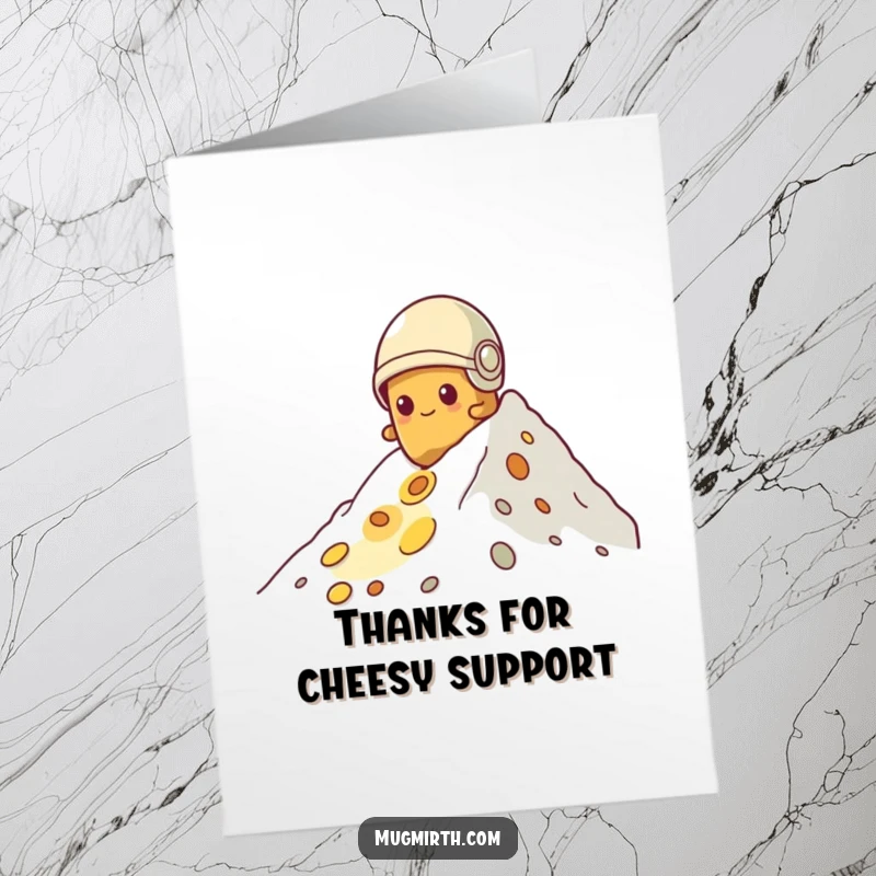Funny Free Printable Thank You Card: A determined potato in a small helmet attempts to climb a vast cheese mountain, offering thanks.