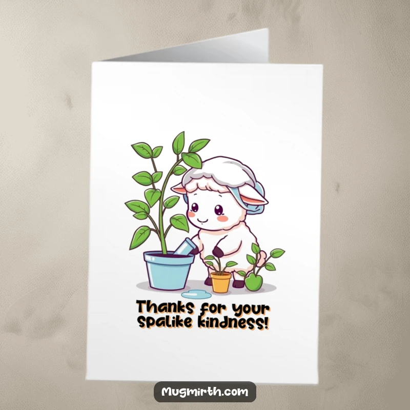Funny free printable thank you card: Sheep in shower cap waters a fake plant, a humorous DIY gift.
