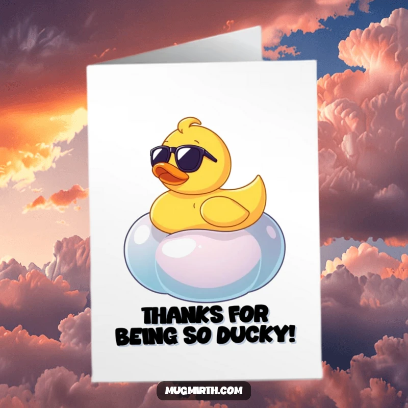 Funny free printable thank you card with a hip rubber ducky relaxing on a huge, jiggly jellybean.