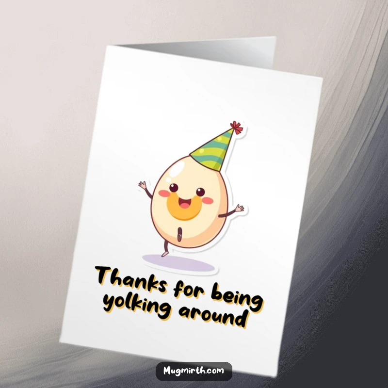 Funny Free Printable Thank You Card: Smiling egg in a party hat performing a cartwheel, radiating happiness and energy.