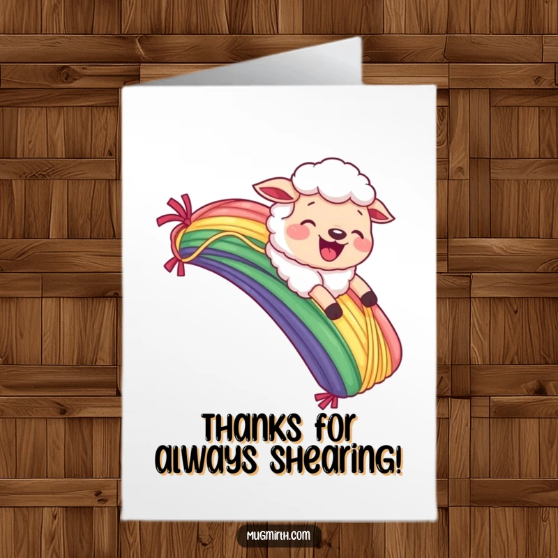Funny Free Printable Thank You Card: A sheep with a funny face rides a rainbow of yarn with pure delight.