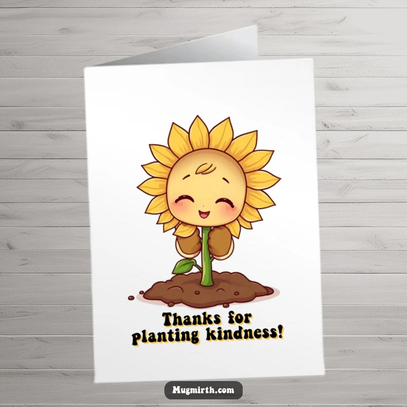 Funny Free Printable Thank You Card: A little sprout with big gloves planting a massive seed, a symbol of effort.