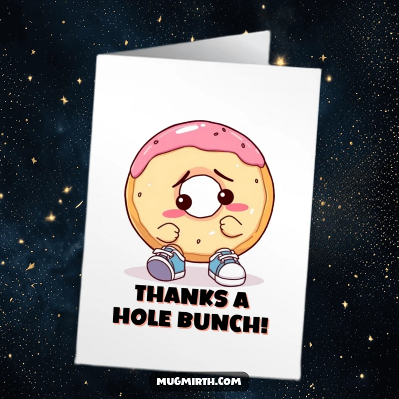 Funny free printable thank you card: A bewildered donut struggles to put on tiny, fashionable shoes, offering a humorous thank you.