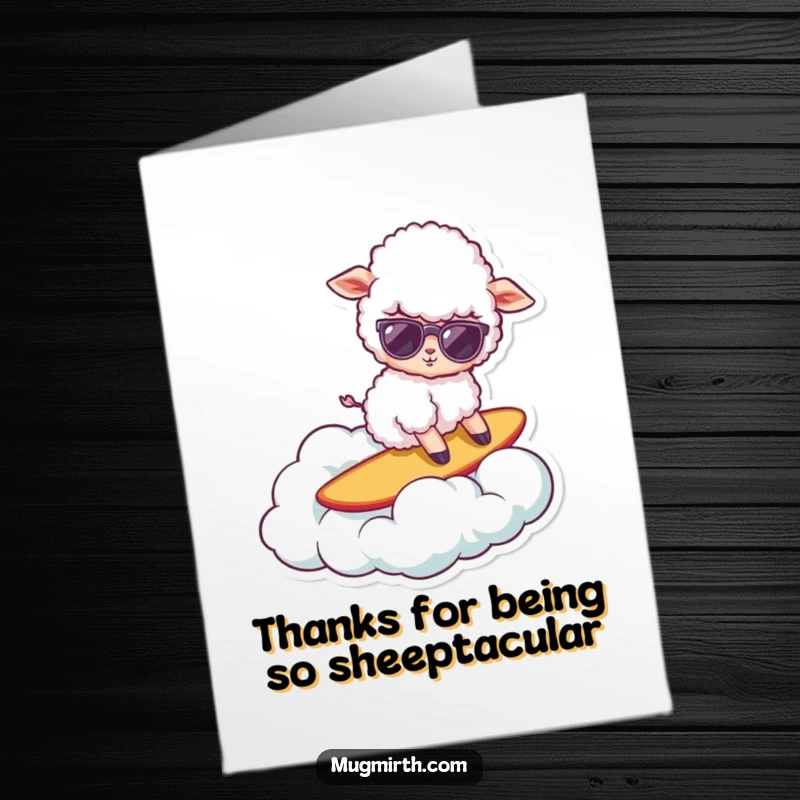 Funny Free Printable Thank You Card featuring a fluffy sheep in sunglasses surfing on a cloud, perfect for a cool thank you.